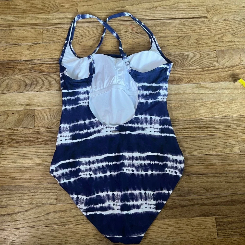 Nautica Womens Tie Dye‎ One Piece Swimsuit Blue White Ruched Shelf Bra XL